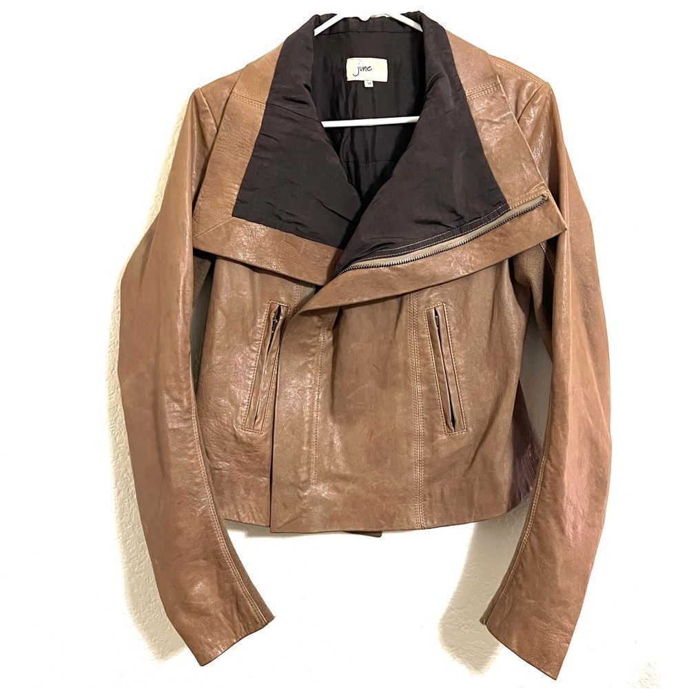 June Brown Leather Biker Moto Jacket Coat Wool Blend Knit Sleeve Size M